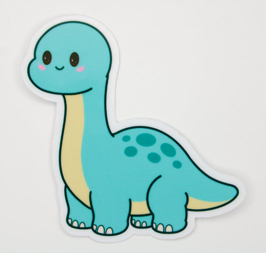 A die-cut sticker featuring a cute, cartoon-style turquoise blue long-necked dinosaur with a cream-colored neck and spots on its back, shown on a plain white background.